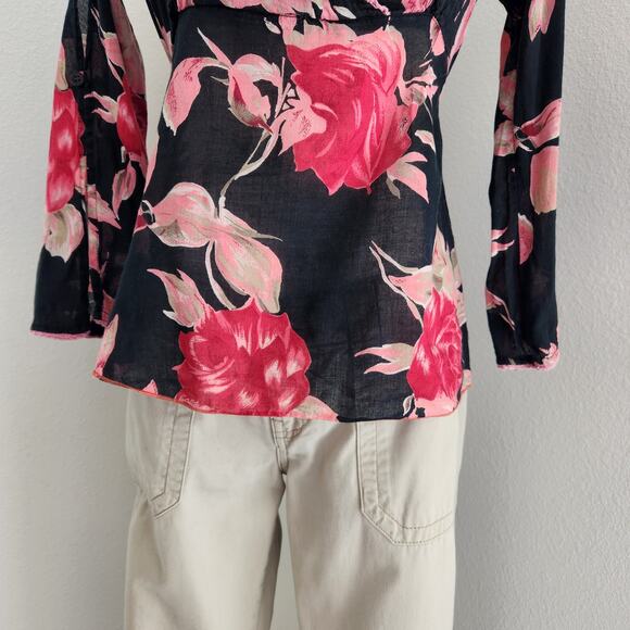 Y2K Magazine Black Pink Rose Print Wrap Tie Back Feminine Fairy Blouse Top S - Picture 4 of 10